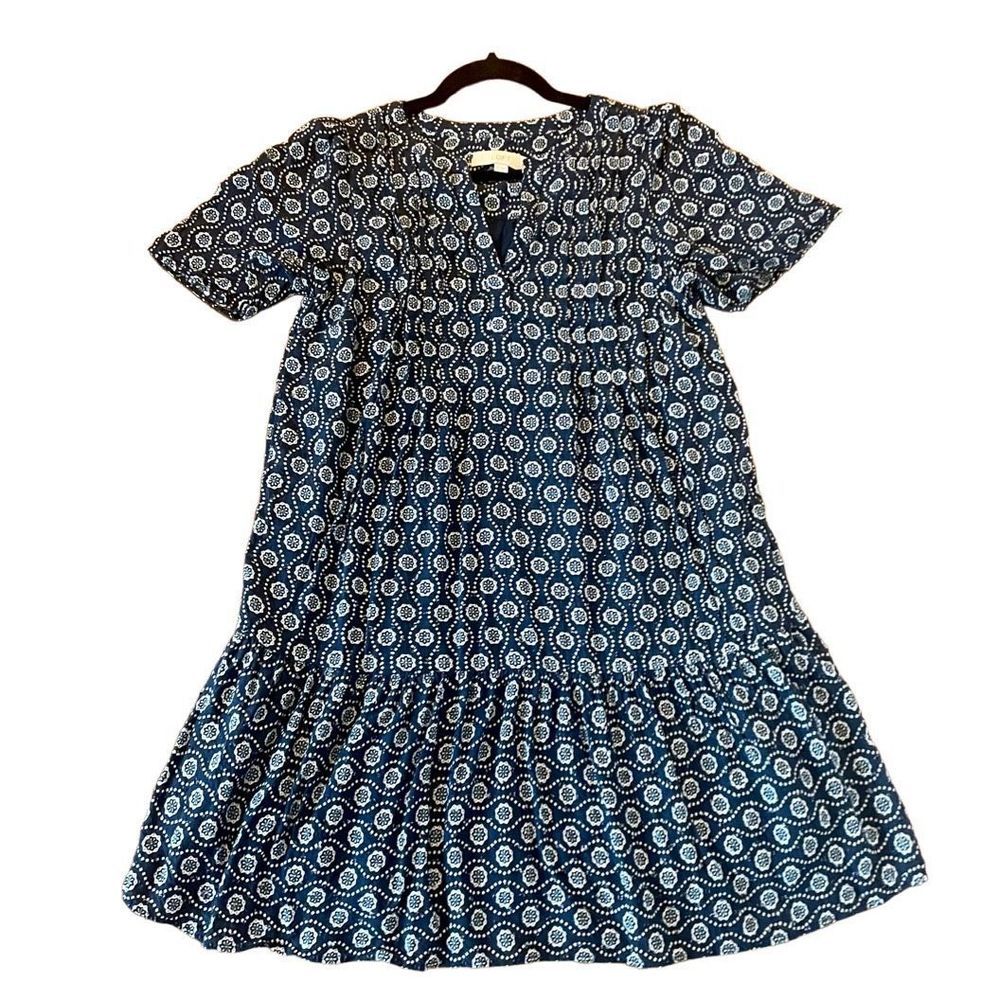 Loft blue medallion shirt sleeve flounce skirt dress M